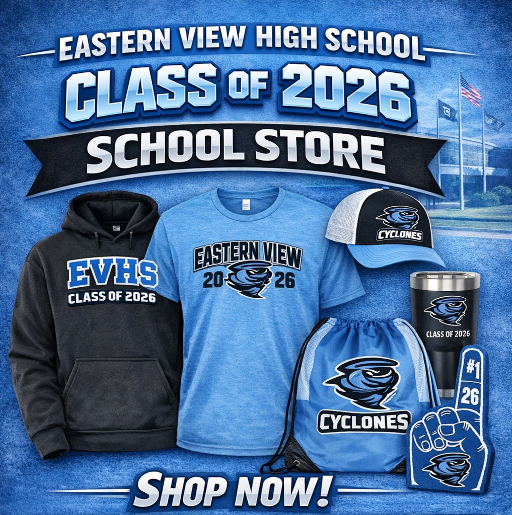 The image is a promotional poster for the Eastern View High School Class of 2026 school store. The overall design uses shades of blue, white, and black, with a textured blue background and a faint image of a school building and flagpoles behind the main graphics. At the very top, large bold text reads: “Eastern View High School” Below it, even larger lettering says: “Class of 2026” Under that, a banner reads “School Store.” In the center of the poster are several pieces of school spirit merchandise, arranged neatly as if displayed for sale: On the left, a dark charcoal hoodie with white and blue lettering that says “EVHS Class of 2026.” In the middle, a light blue T-shirt that reads “Eastern View 2026” with a Cyclones mascot logo, which appears as a stylized swirling cyclone with a fierce face. On the right, a blue and white baseball cap with the same Cyclones logo on the front. Below the shirt is a blue drawstring backpack with the Cyclones mascot and the word “Cyclones.” Next to the bag is a tall black travel tumbler with the Cyclones logo and the words “Class of 2026.” Also shown is a large blue foam finger, the kind used at sports events, displaying “#1” and “26” along with the Cyclones logo. Below the merchandise, bold text says “Shop Now!”