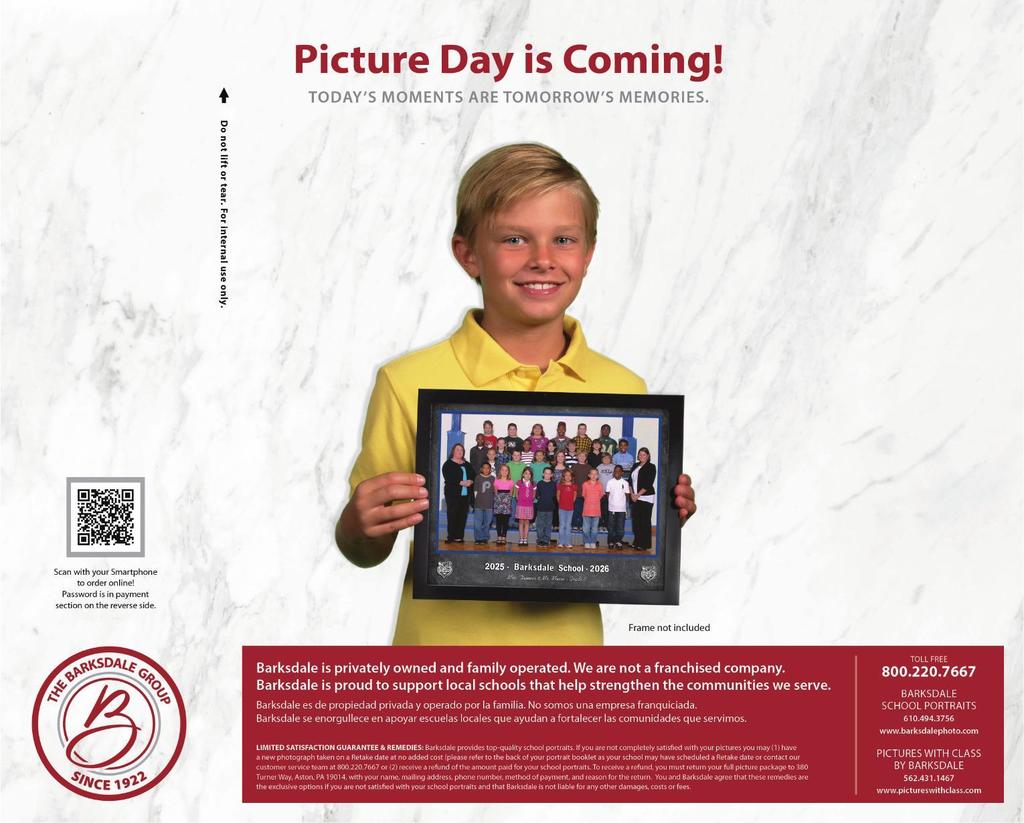 Poster announcing school picture day. A smiling student in a yellow shirt holds a framed class group photo. Text reads “Picture Day is Coming – Today’s Moments Are Tomorrow’s Memories.” Includes a QR code and information about Barksdale School Portraits.
