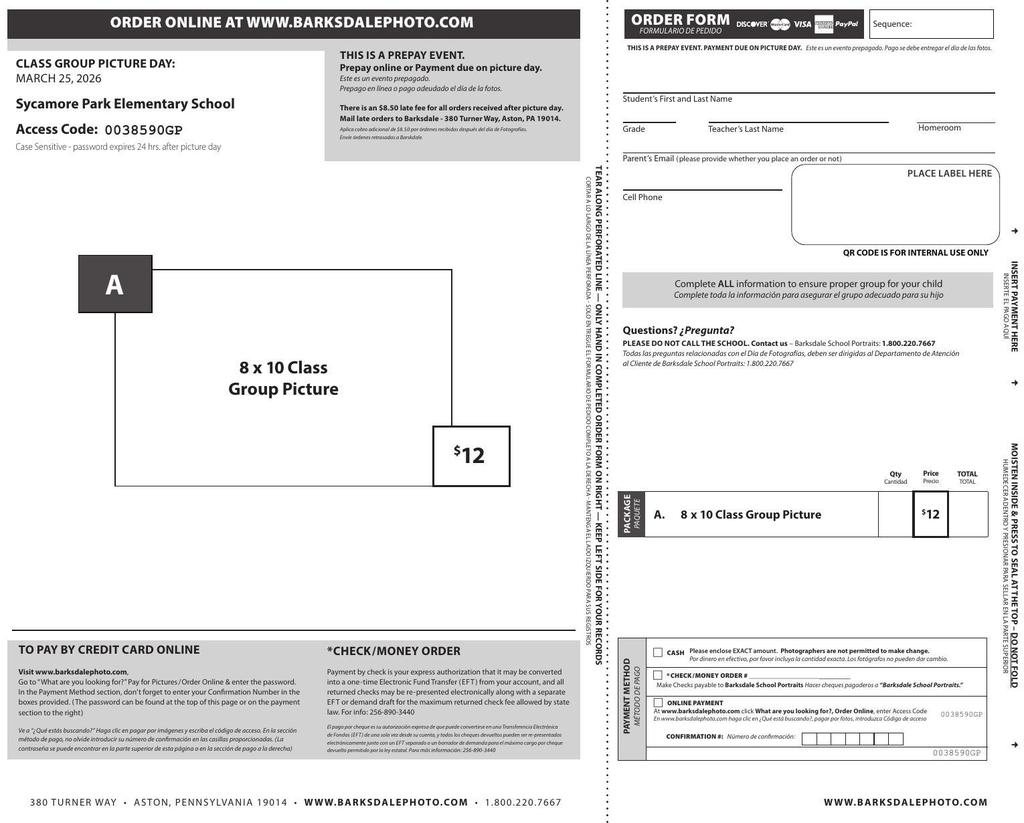 Order form and information sheet for Sycamore Park Elementary School class group picture day on March 25, 2026. Includes instructions to order online at barksdalephoto.com with access code 0038590GP and shows an 8×10 class group photo priced at $12, along with payment options and student information fields.