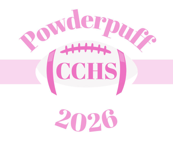 Pink “Powderpuff CCHS 2026” logo featuring a football graphic with laces and goalposts, set over a light gray background with a pink ribbon banner running horizontally behind the football.