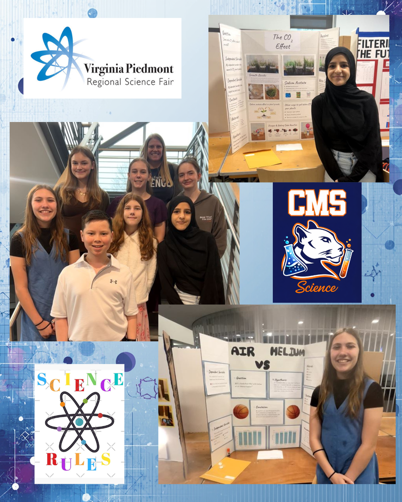 Collage highlighting Culpeper Middle School students participating in the Virginia Piedmont Regional Science Fair. The image includes a group photo of students and their teacher on a staircase, individual students presenting science projects such as “The CO₂ Effect” and “Air vs Helium,” and CMS Science logos.