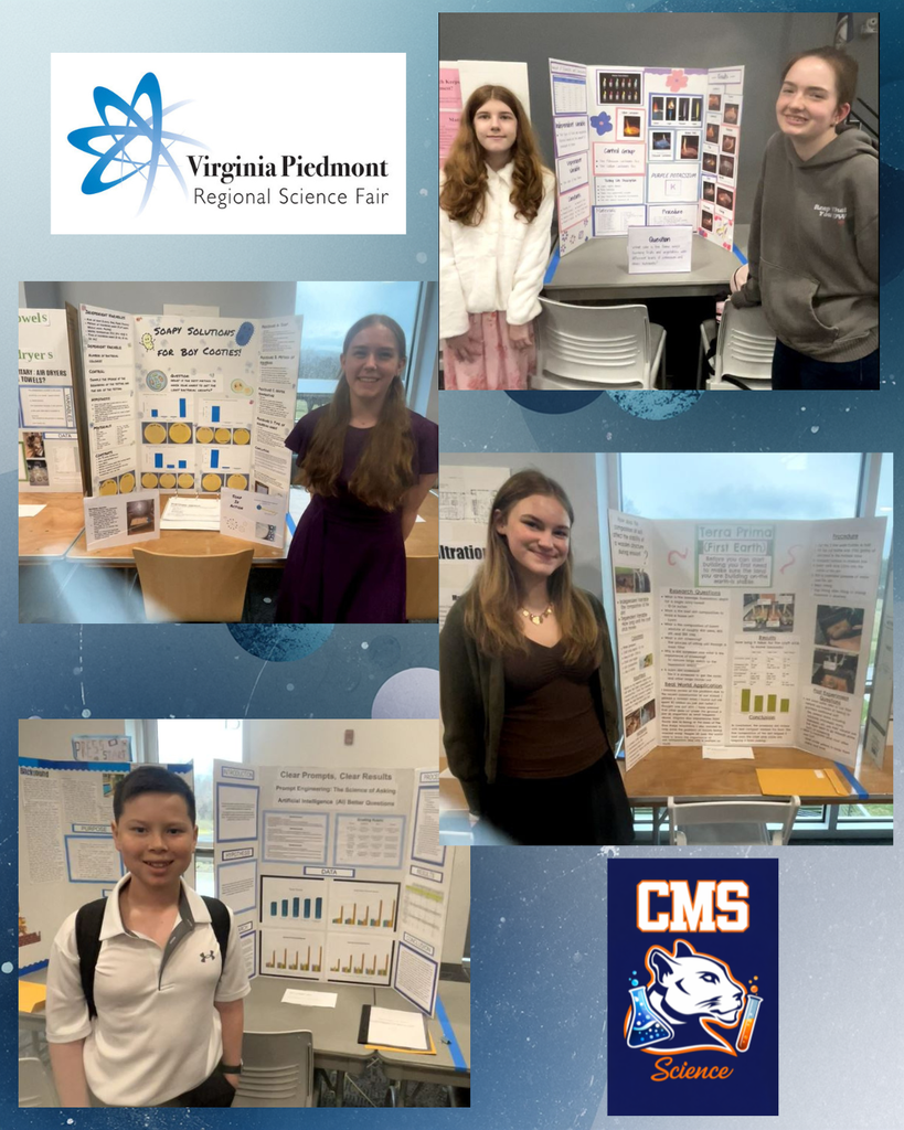 Collage of Culpeper Middle School students presenting projects at the Virginia Piedmont Regional Science Fair. Students stand beside display boards for projects including “Soapy Solutions for Boy Cooties,” “Terra Prima (First Earth),” and an AI prompt engineering project, alongside CMS Science logos.