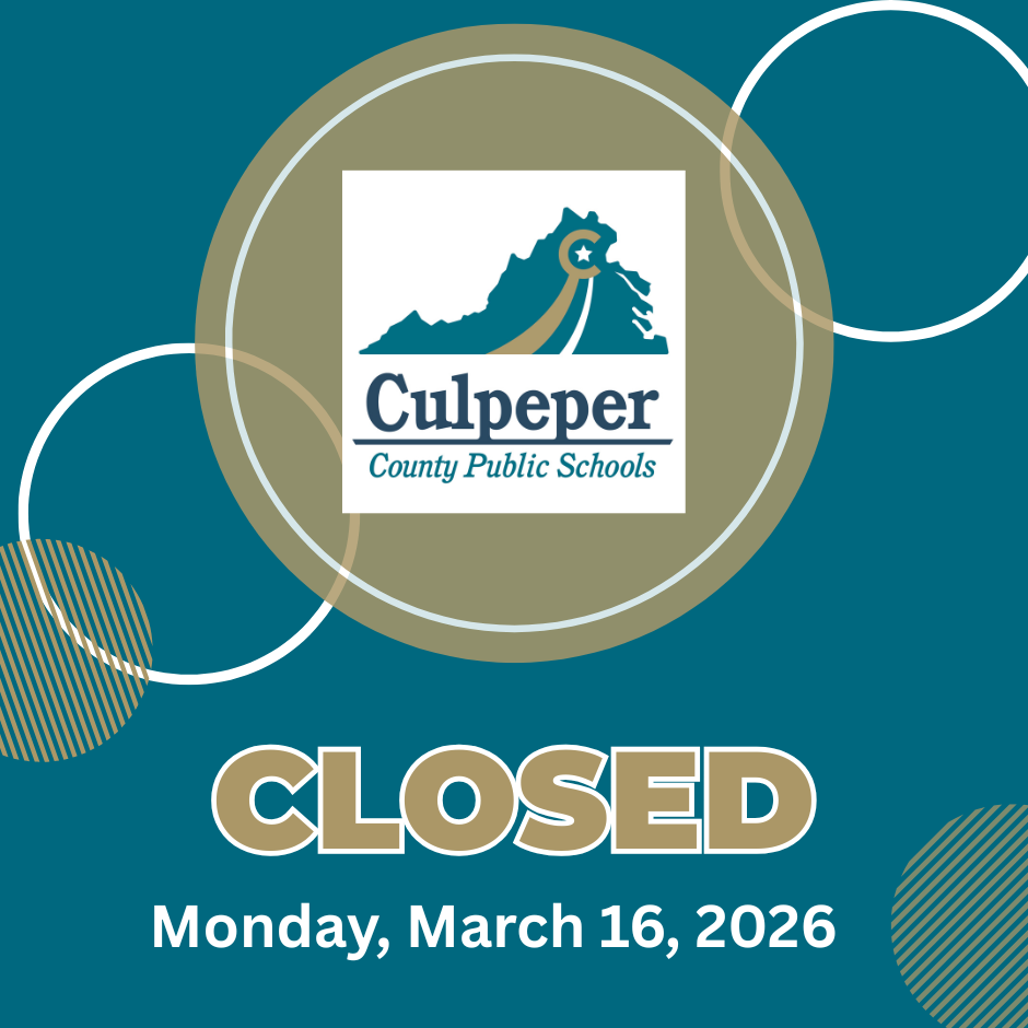 teal graphic announcing school closure, there are decorative circles with the CCPS logo at the top, and then then word closed at the bottom in gold letters and Monday, March 16, 2026 in white letters
