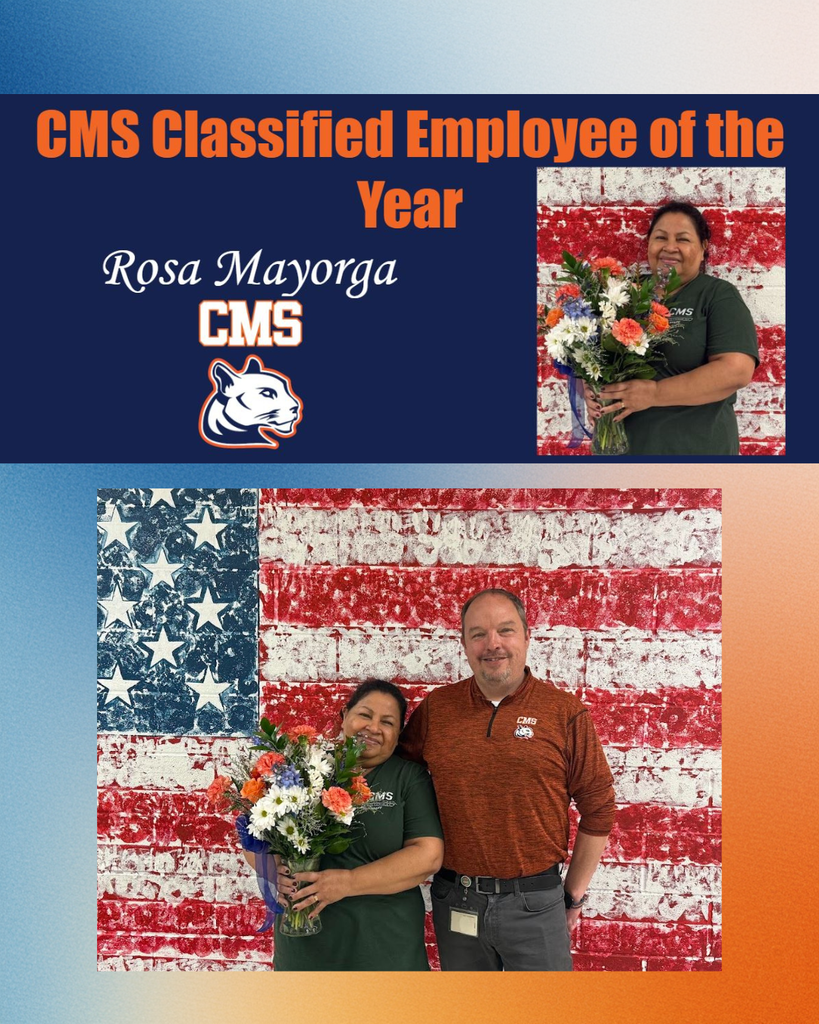 Graphic celebrating Culpeper Middle School’s Classified Employee of the Year, Rosa Mayorga. The design features CMS branding and a cougar logo, with text naming Rosa as the honoree. A photo shows Rosa smiling and holding a bouquet of flowers in front of a painted American flag backdrop. A second photo shows Rosa standing beside a male colleague, both smiling, in front of the same flag mural.