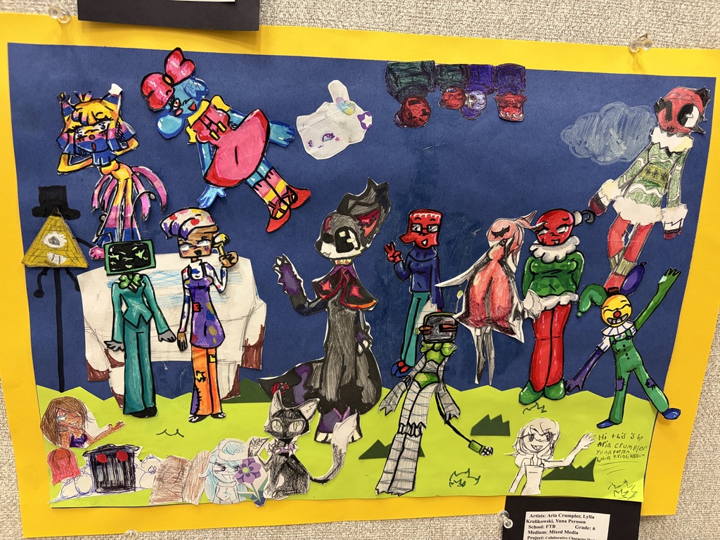 A colorful collaborative artwork featuring multiple cartoon-style characters and figures drawn and cut out, arranged on a bright background, with a label identifying multiple student artists and the mixed media project.