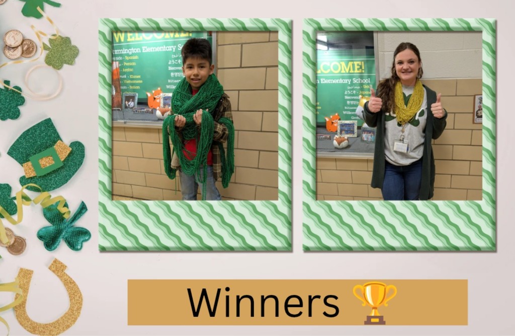 A St. Patrick’s Day–themed graphic with green and gold decorations, including shamrocks, a leprechaun hat, gold coins, and a horseshoe, arranged on the left side. On the right, two framed photos show winners: one student wearing multiple green bead necklaces and smiling, and one staff member wearing a green scarf and giving two thumbs up. At the bottom, the word “Winners” appears next to a gold trophy icon.