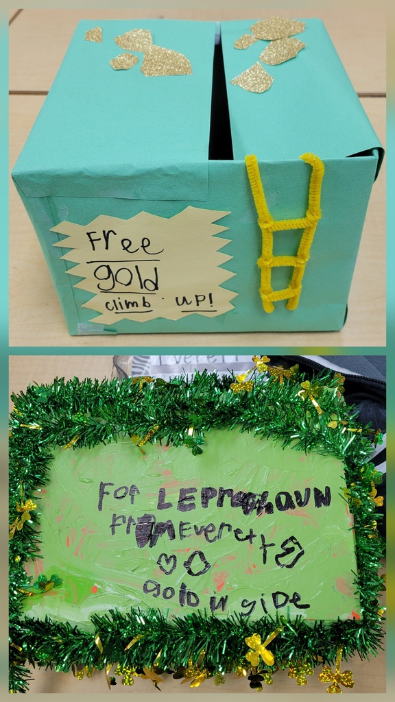 A decorated teal box labeled “Free gold—climb up!” features a small yellow ladder and gold paper shapes on top. Below it, a green sign bordered with shamrock garland reads “For Leprechaun friends—go inside.”