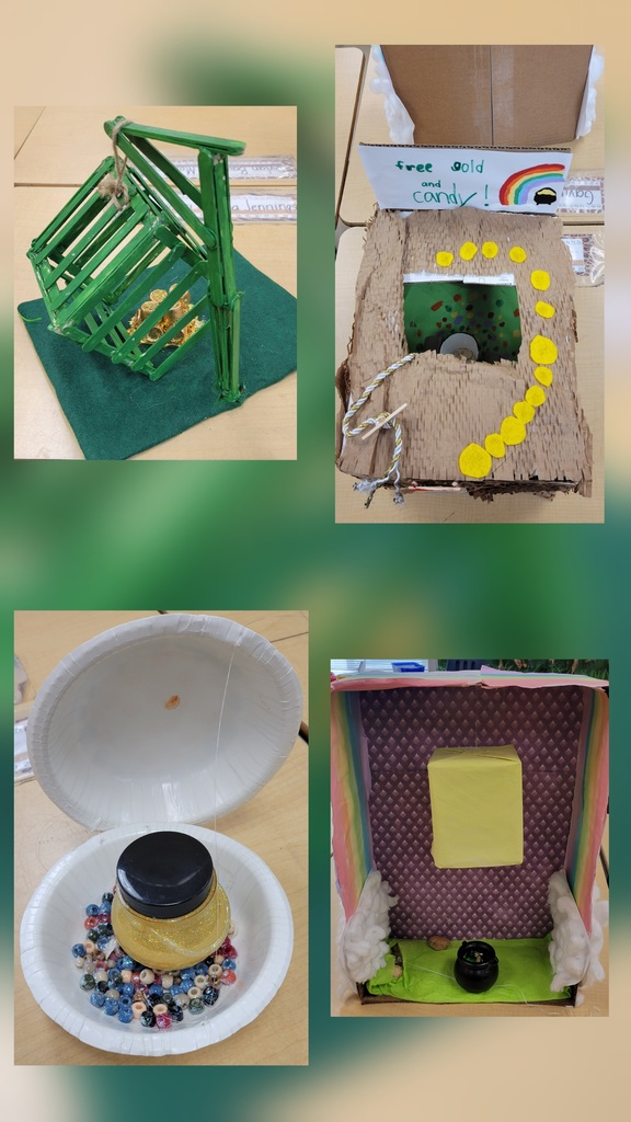 Student-made trap designs include a small green stick structure holding gold pieces, a cardboard box labeled “free gold and candy!” with a rainbow drawing, a paper bowl filled with beads and glitter, and a decorated box with a small pot inside.