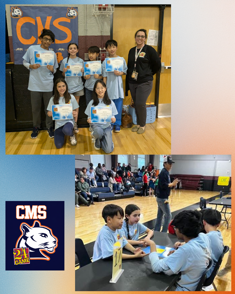 A collage of images showcases a middle school Math 24 team in a gymnasium. In the top photo, six students wearing matching light-colored shirts pose together holding “Excellence” certificates, alongside a staff member, in front of a CMS sign. In another image, four students sit around a table during the competition, focused on a math activity while a person with a microphone stands nearby and spectators watch from the bleachers. The collage also includes the CMS cougar logo combined with the Math 24 Game logo, highlighting school pride and the academic event.