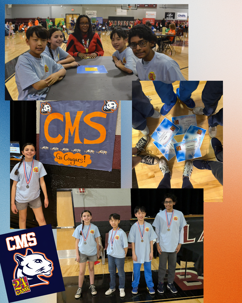 A collage of photos highlights a middle school Math 24 competition. In the main image, four students in matching light-colored shirts sit around a table in a gymnasium with a staff member, smiling at the camera while other teams and spectators are visible in the background. Another image shows the students standing together wearing medals. A close-up displays several “Excellence” certificates arranged on the gym floor, surrounded by students’ shoes. One photo features a student proudly wearing a medal, and another shows a poster reading “CMS – Go Cougars!” The collage also includes the CMS cougar logo alongside the Math 24 Game logo, emphasizing school pride and the academic competition.