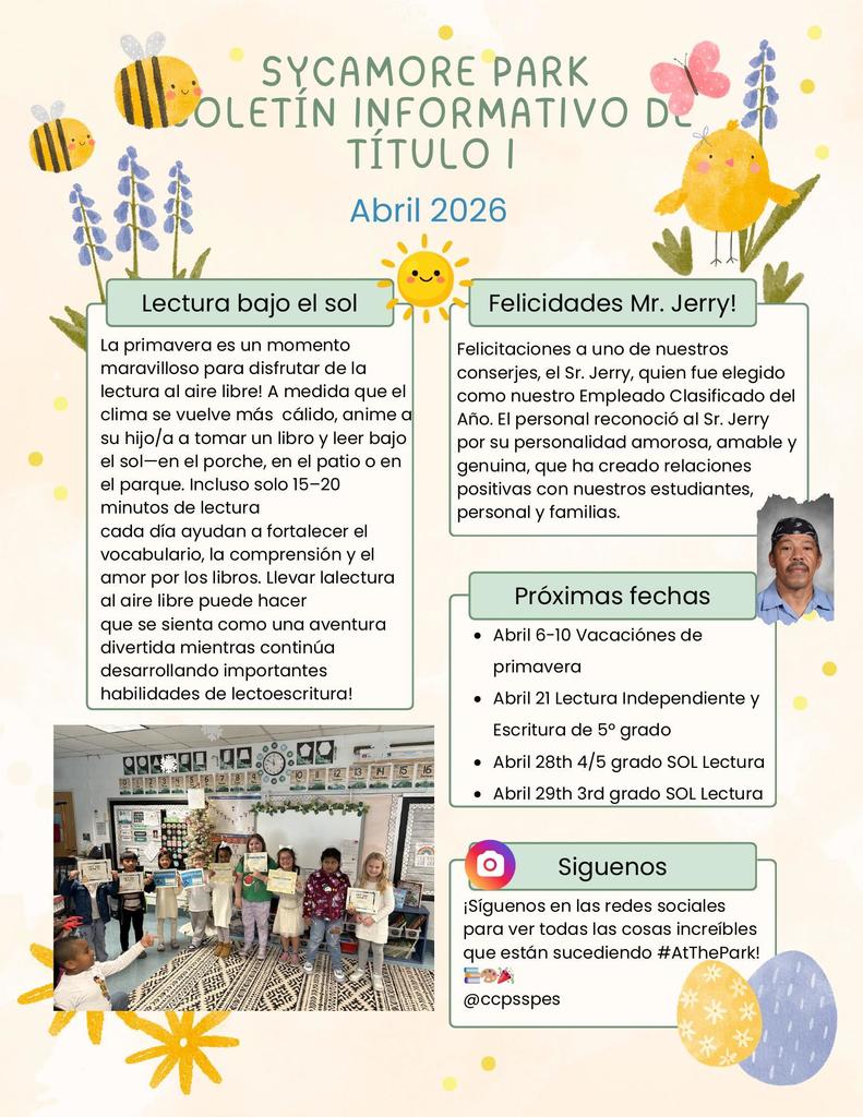 A Spanish-language Sycamore Park Title I newsletter page highlighting kindergarten registration, an upcoming outdoor activities day seeking volunteers, and a math resource section, with photos of students in a hallway and outside near a school bus, decorated with spring-themed graphics.