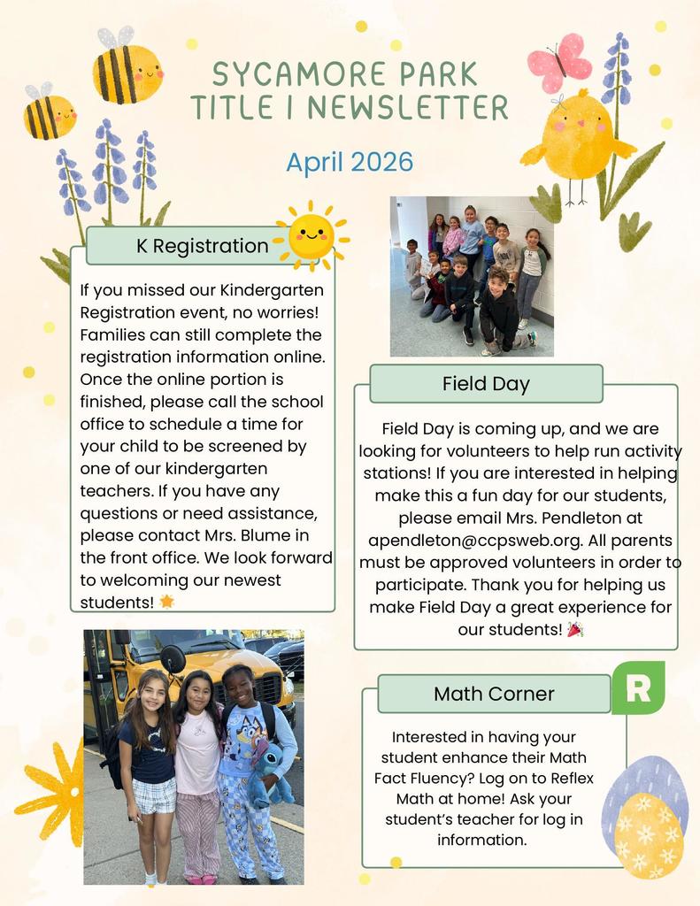 An English Sycamore Park Title I newsletter page with information about kindergarten registration, field day volunteer opportunities, and a math resource section, including photos of students in a hallway and near a school bus, surrounded by colorful spring-themed illustrations.