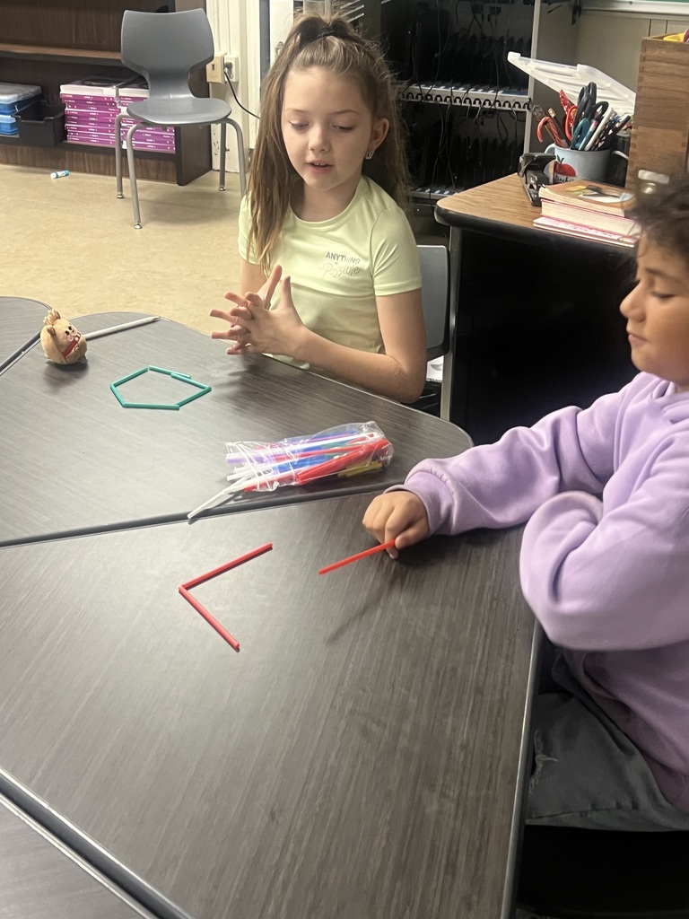 Two students sit at a table with colorful sticks. One student gestures while explaining, and the other holds a stick, preparing to add it to a shape.