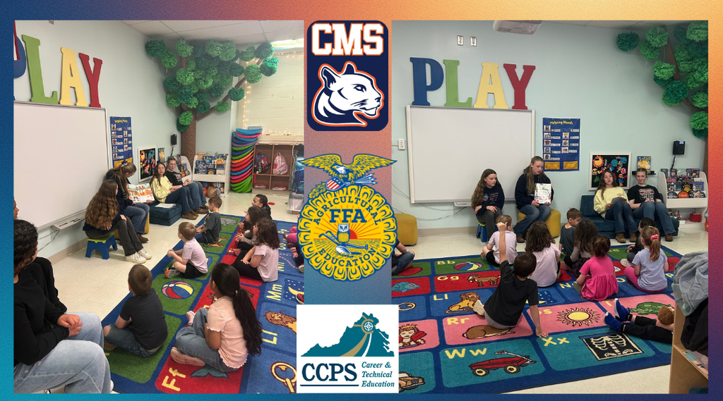 Students sit on a colorful classroom rug listening to older students read aloud in an elementary classroom decorated with a large “PLAY” sign and a tree mural. The center of the image features logos for CMS, FFA, and CCPS Career & Technical Education, highlighting a collaborative, hands-on learning environment.