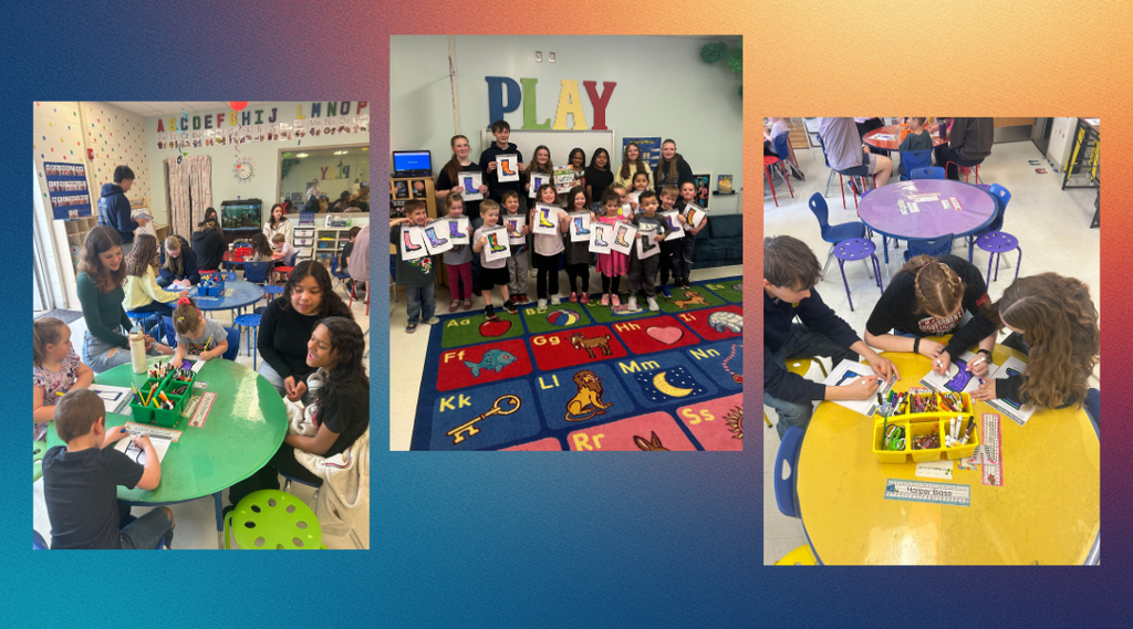 A collage of CMS students participating in Ag Literacy Week, working with younger children in a classroom. In one image, students help elementary children with a hands-on coloring activity at small tables. In another, a group of smiling children and CMS students pose together on a colorful rug holding their completed letter projects. A third image shows CMS students guiding younger students through a craft activity, highlighting collaboration, creativity, and agricultural learning.