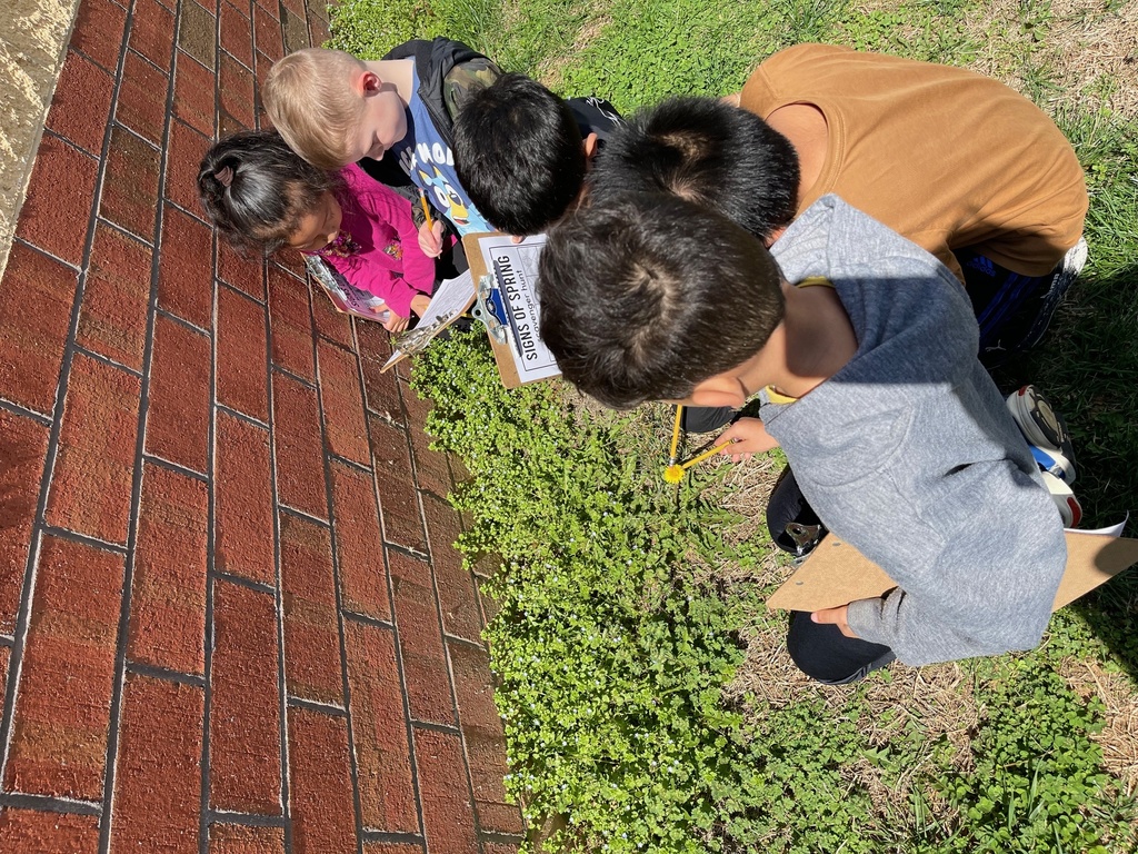 Several students kneel near a brick wall, closely examining plants and writing on clipboards labeled “Signs of Spring.” One student holds a pencil near a yellow dandelion.