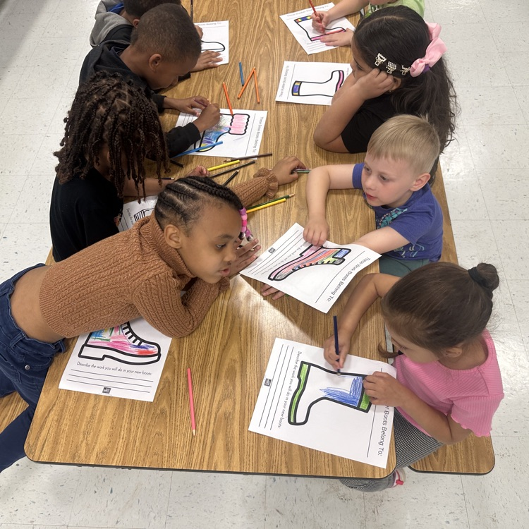 students pictured coloring pictures of different kinds of cowboy boots 