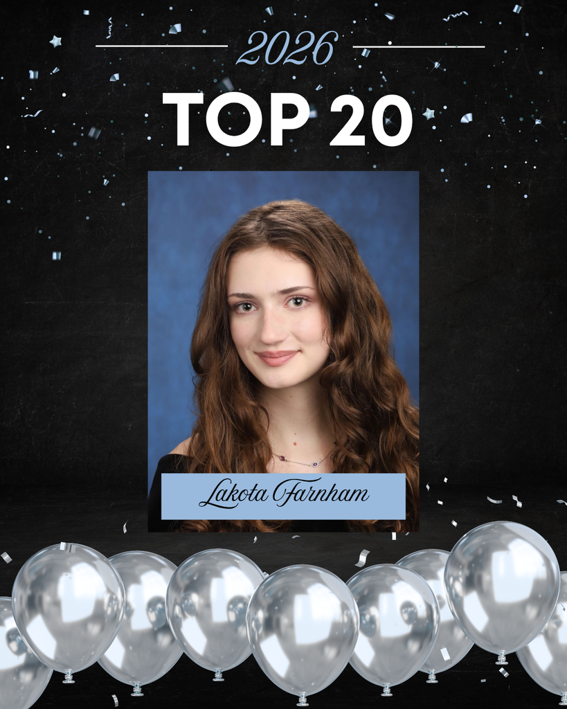 This image is a celebratory school graphic highlighting a student’s academic achievement.  At the top, against a dark, starry, confetti-filled background, the text reads “2026” and “TOP 20” in large, bold white letters. The design has a festive feel, with scattered confetti and a row of silver balloons lined along the bottom.  In the center is a formal senior portrait.  The background of the portrait is a soft, mottled blue, typical of school photos.   Overall, the image celebrates this student as one of the Top 20 students in the Class of 2026, using a polished and festive design.