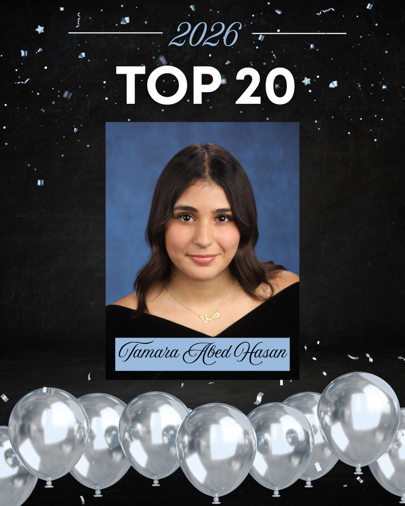 This image is a celebratory school graphic highlighting a student’s academic achievement.  At the top, against a dark, starry, confetti-filled background, the text reads “2026” and “TOP 20” in large, bold white letters. The design has a festive feel, with scattered confetti and a row of silver balloons lined along the bottom.  In the center is a formal senior portrait.  The background of the portrait is a soft, mottled blue, typical of school photos.   Overall, the image celebrates this student as one of the Top 20 students in the Class of 2026, using a polished and festive design.