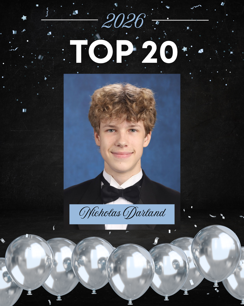 This image is a celebratory school graphic highlighting a student’s academic achievement.  At the top, against a dark, starry, confetti-filled background, the text reads “2026” and “TOP 20” in large, bold white letters. The design has a festive feel, with scattered confetti and a row of silver balloons lined along the bottom.  In the center is a formal senior portrait.  The background of the portrait is a soft, mottled blue, typical of school photos.   Overall, the image celebrates this student as one of the Top 20 students in the Class of 2026, using a polished and festive design.