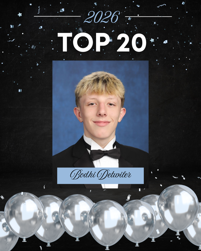 This image is a celebratory school graphic highlighting a student’s academic achievement.  At the top, against a dark, starry, confetti-filled background, the text reads “2026” and “TOP 20” in large, bold white letters. The design has a festive feel, with scattered confetti and a row of silver balloons lined along the bottom.  In the center is a formal senior portrait.  The background of the portrait is a soft, mottled blue, typical of school photos.   Overall, the image celebrates this student as one of the Top 20 students in the Class of 2026, using a polished and festive design.