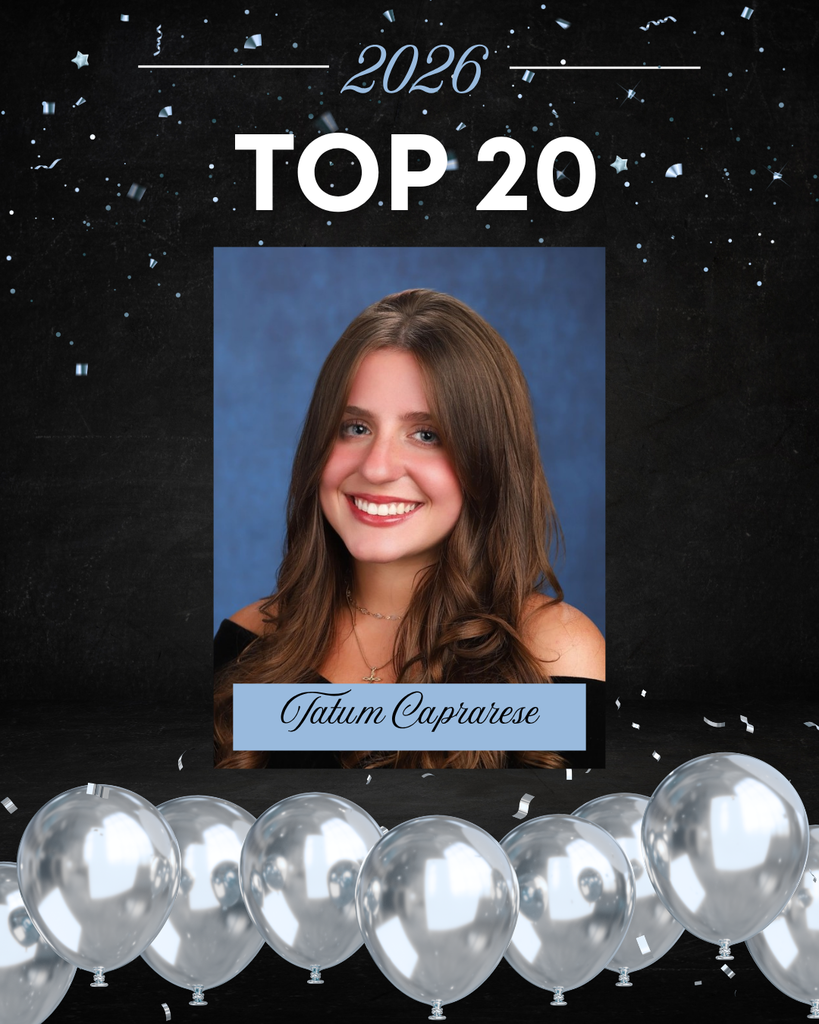 This image is a celebratory school graphic highlighting a student’s academic achievement.  At the top, against a dark, starry, confetti-filled background, the text reads “2026” and “TOP 20” in large, bold white letters. The design has a festive feel, with scattered confetti and a row of silver balloons lined along the bottom.  In the center is a formal senior portrait.  The background of the portrait is a soft, mottled blue, typical of school photos.   Overall, the image celebrates this student as one of the Top 20 students in the Class of 2026, using a polished and festive design.