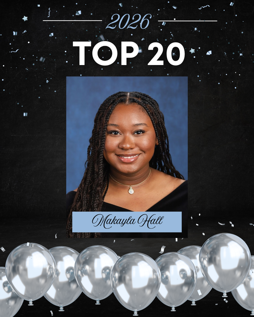 This image is a celebratory school graphic highlighting a student’s academic achievement.  At the top, against a dark, starry, confetti-filled background, the text reads “2026” and “TOP 20” in large, bold white letters. The design has a festive feel, with scattered confetti and a row of silver balloons lined along the bottom.  In the center is a formal senior portrait.  The background of the portrait is a soft, mottled blue, typical of school photos.   Overall, the image celebrates this student as one of the Top 20 students in the Class of 2026, using a polished and festive design.