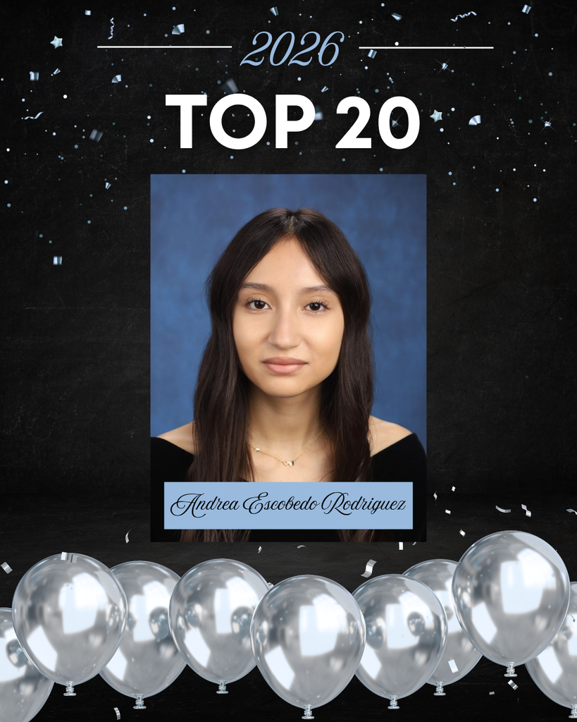 This image is a celebratory school graphic highlighting a student’s academic achievement.  At the top, against a dark, starry, confetti-filled background, the text reads “2026” and “TOP 20” in large, bold white letters. The design has a festive feel, with scattered confetti and a row of silver balloons lined along the bottom.  In the center is a formal senior portrait.  The background of the portrait is a soft, mottled blue, typical of school photos.   Overall, the image celebrates this student as one of the Top 20 students in the Class of 2026, using a polished and festive design.