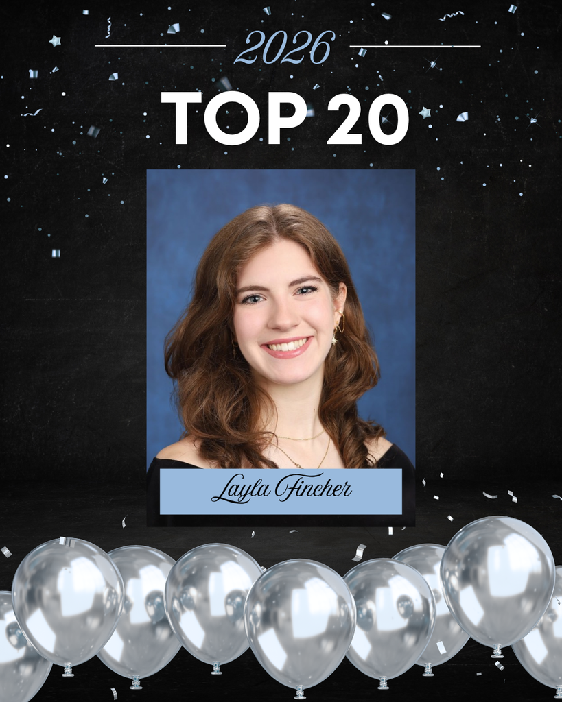 This image is a celebratory school graphic highlighting a student’s academic achievement.  At the top, against a dark, starry, confetti-filled background, the text reads “2026” and “TOP 20” in large, bold white letters. The design has a festive feel, with scattered confetti and a row of silver balloons lined along the bottom.  In the center is a formal senior portrait.  The background of the portrait is a soft, mottled blue, typical of school photos.   Overall, the image celebrates this student as one of the Top 20 students in the Class of 2026, using a polished and festive design.