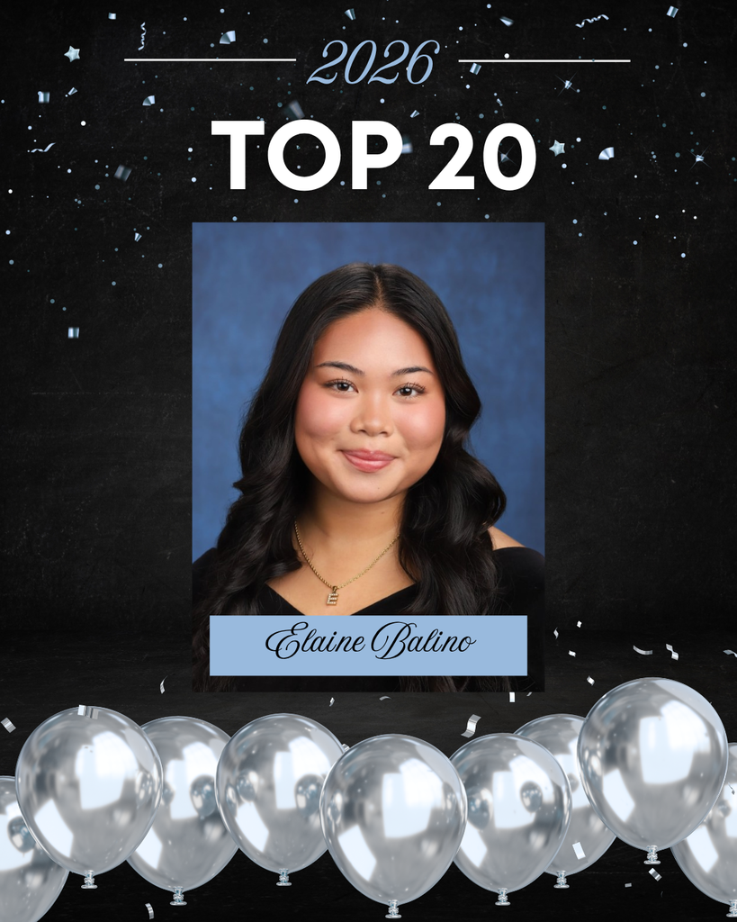 This image is a celebratory school graphic highlighting a student’s academic achievement.  At the top, against a dark, starry, confetti-filled background, the text reads “2026” and “TOP 20” in large, bold white letters. The design has a festive feel, with scattered confetti and a row of silver balloons lined along the bottom.  In the center is a formal senior portrait.  The background of the portrait is a soft, mottled blue, typical of school photos.   Overall, the image celebrates this student as one of the Top 20 students in the Class of 2026, using a polished and festive design.