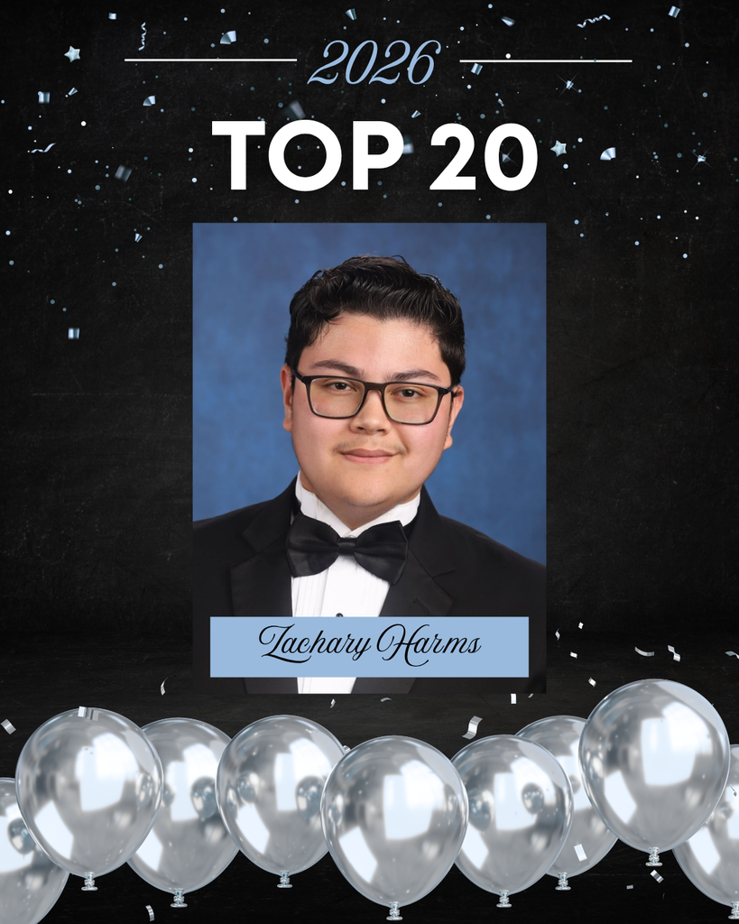 This image is a celebratory school graphic highlighting a student’s academic achievement.  At the top, against a dark, starry, confetti-filled background, the text reads “2026” and “TOP 20” in large, bold white letters. The design has a festive feel, with scattered confetti and a row of silver balloons lined along the bottom.  In the center is a formal senior portrait.  The background of the portrait is a soft, mottled blue, typical of school photos.   Overall, the image celebrates this student as one of the Top 20 students in the Class of 2026, using a polished and festive design.