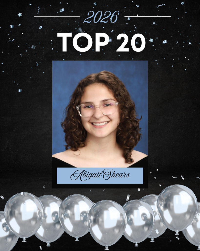 This image is a celebratory school graphic highlighting a student’s academic achievement.  At the top, against a dark, starry, confetti-filled background, the text reads “2026” and “TOP 20” in large, bold white letters. The design has a festive feel, with scattered confetti and a row of silver balloons lined along the bottom.  In the center is a formal senior portrait.  The background of the portrait is a soft, mottled blue, typical of school photos.   Overall, the image celebrates this student as one of the Top 20 students in the Class of 2026, using a polished and festive design.