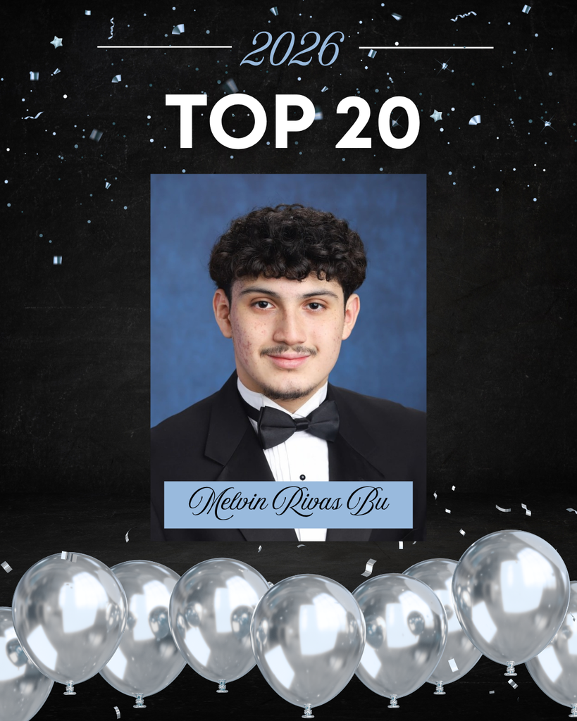 This image is a celebratory school graphic highlighting a student’s academic achievement.  At the top, against a dark, starry, confetti-filled background, the text reads “2026” and “TOP 20” in large, bold white letters. The design has a festive feel, with scattered confetti and a row of silver balloons lined along the bottom.  In the center is a formal senior portrait.  The background of the portrait is a soft, mottled blue, typical of school photos.   Overall, the image celebrates this student as one of the Top 20 students in the Class of 2026, using a polished and festive design.