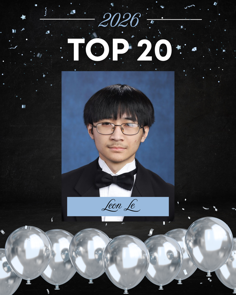 This image is a celebratory school graphic highlighting a student’s academic achievement.  At the top, against a dark, starry, confetti-filled background, the text reads “2026” and “TOP 20” in large, bold white letters. The design has a festive feel, with scattered confetti and a row of silver balloons lined along the bottom.  In the center is a formal senior portrait.  The background of the portrait is a soft, mottled blue, typical of school photos.   Overall, the image celebrates this student as one of the Top 20 students in the Class of 2026, using a polished and festive design.