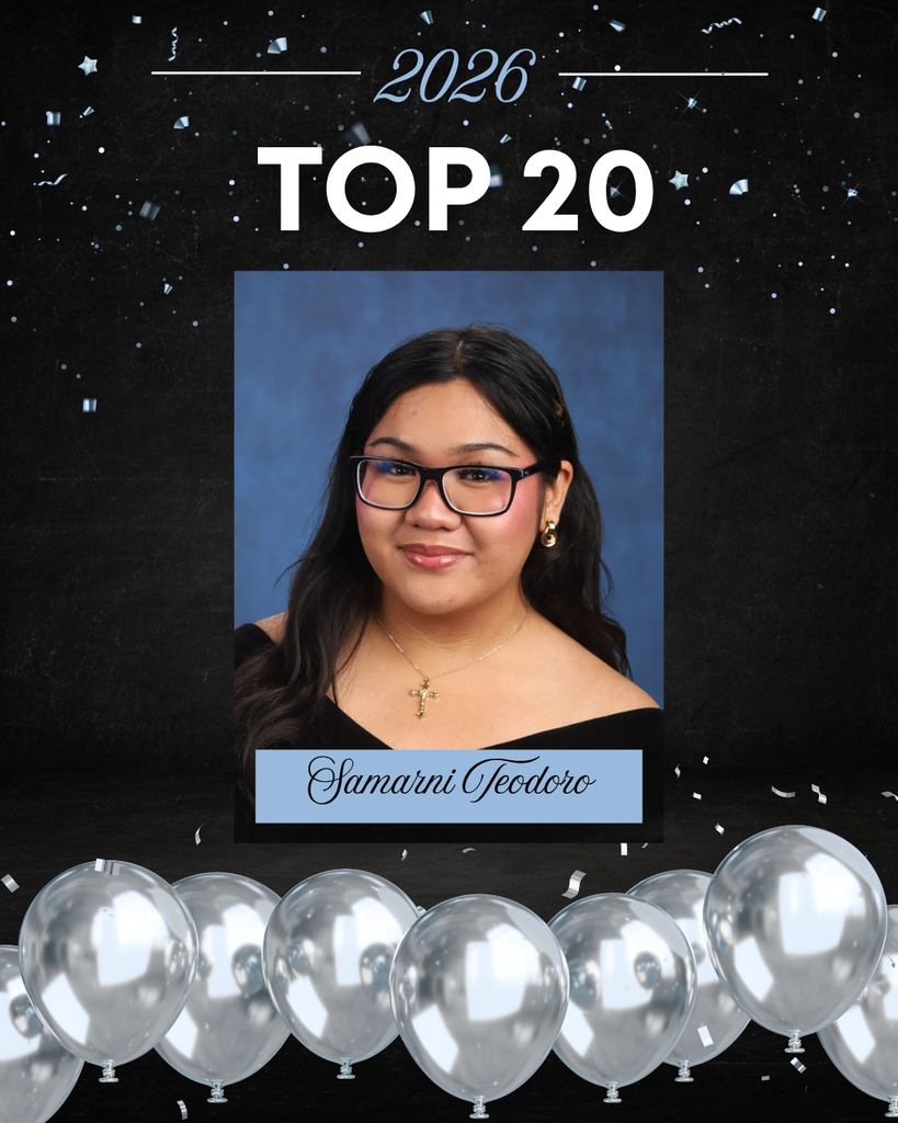 This image is a celebratory school graphic highlighting a student’s academic achievement.  At the top, against a dark, starry, confetti-filled background, the text reads “2026” and “TOP 20” in large, bold white letters. The design has a festive feel, with scattered confetti and a row of silver balloons lined along the bottom.  In the center is a formal senior portrait.  The background of the portrait is a soft, mottled blue, typical of school photos.   Overall, the image celebrates this student as one of the Top 20 students in the Class of 2026, using a polished and festive design.