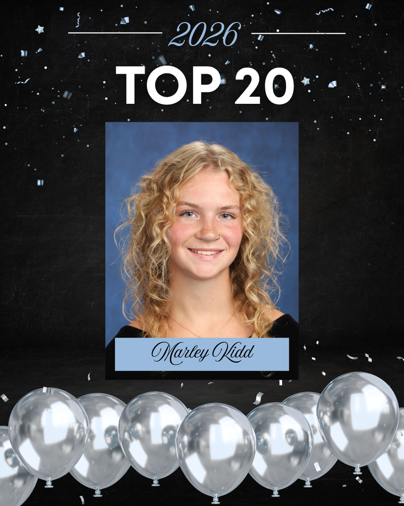 This image is a celebratory school graphic highlighting a student’s academic achievement.  At the top, against a dark, starry, confetti-filled background, the text reads “2026” and “TOP 20” in large, bold white letters. The design has a festive feel, with scattered confetti and a row of silver balloons lined along the bottom.  In the center is a formal senior portrait.  The background of the portrait is a soft, mottled blue, typical of school photos.   Overall, the image celebrates this student as one of the Top 20 students in the Class of 2026, using a polished and festive design.
