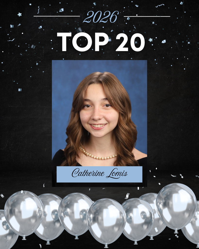 This image is a celebratory school graphic highlighting a student’s academic achievement.  At the top, against a dark, starry, confetti-filled background, the text reads “2026” and “TOP 20” in large, bold white letters. The design has a festive feel, with scattered confetti and a row of silver balloons lined along the bottom.  In the center is a formal senior portrait.  The background of the portrait is a soft, mottled blue, typical of school photos.   Overall, the image celebrates this student as one of the Top 20 students in the Class of 2026, using a polished and festive design.