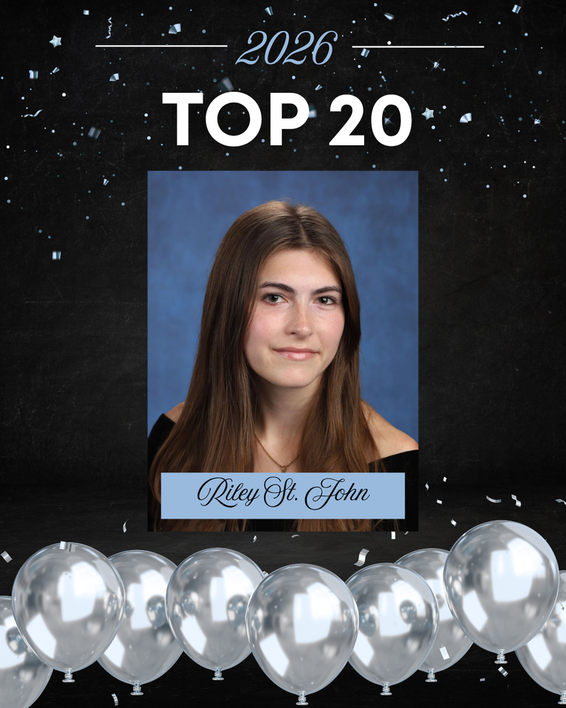 This image is a celebratory school graphic highlighting a student’s academic achievement.  At the top, against a dark, starry, confetti-filled background, the text reads “2026” and “TOP 20” in large, bold white letters. The design has a festive feel, with scattered confetti and a row of silver balloons lined along the bottom.  In the center is a formal senior portrait.  The background of the portrait is a soft, mottled blue, typical of school photos.   Overall, the image celebrates this student as one of the Top 20 students in the Class of 2026, using a polished and festive design.