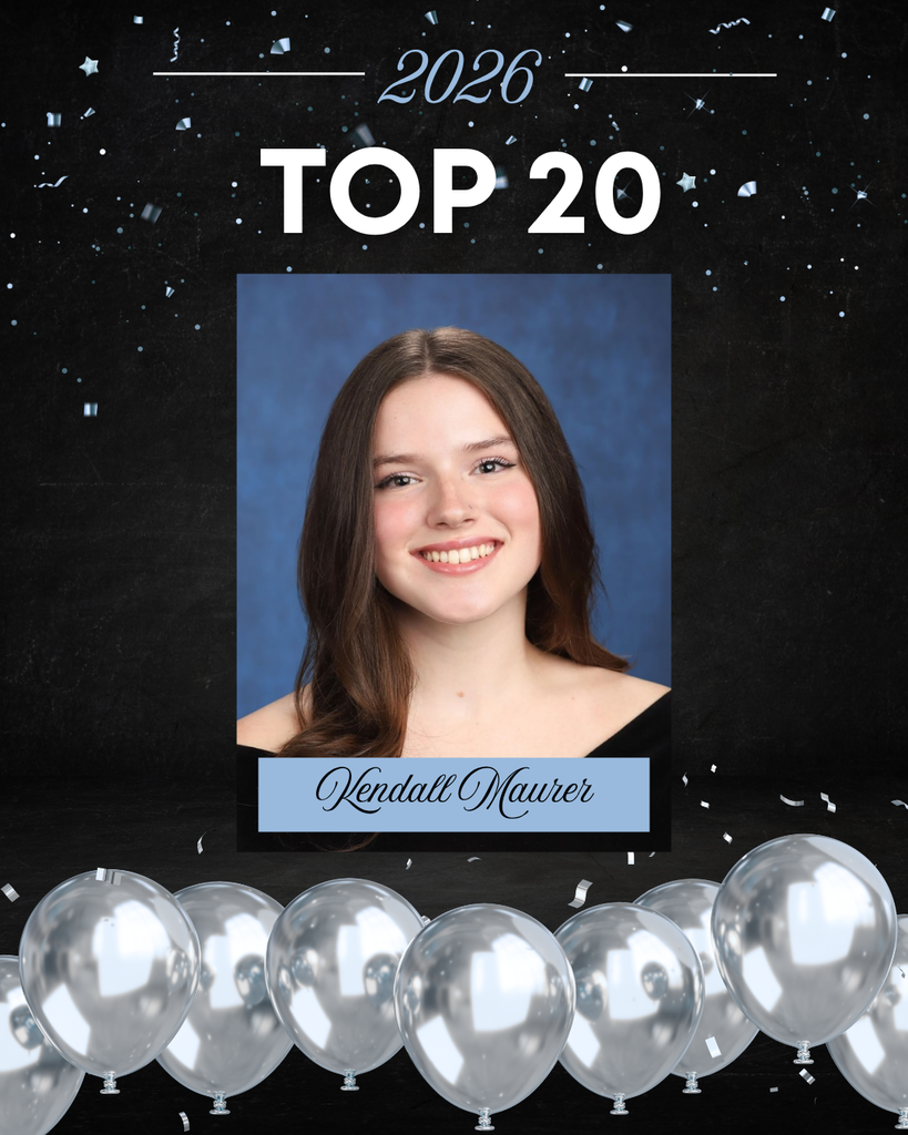 This image is a celebratory school graphic highlighting a student’s academic achievement.  At the top, against a dark, starry, confetti-filled background, the text reads “2026” and “TOP 20” in large, bold white letters. The design has a festive feel, with scattered confetti and a row of silver balloons lined along the bottom.  In the center is a formal senior portrait.  The background of the portrait is a soft, mottled blue, typical of school photos.   Overall, the image celebrates this student as one of the Top 20 students in the Class of 2026, using a polished and festive design.