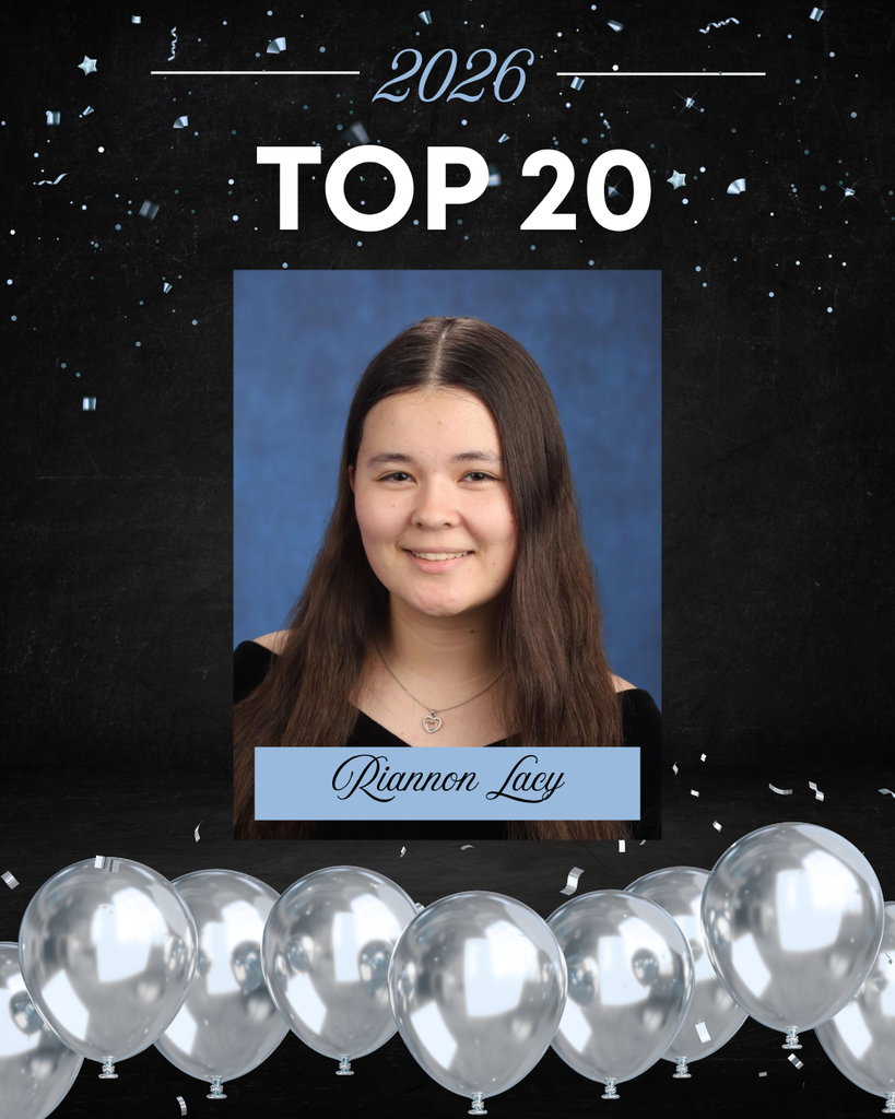 This image is a celebratory school graphic highlighting a student’s academic achievement.  At the top, against a dark, starry, confetti-filled background, the text reads “2026” and “TOP 20” in large, bold white letters. The design has a festive feel, with scattered confetti and a row of silver balloons lined along the bottom.  In the center is a formal senior portrait.  The background of the portrait is a soft, mottled blue, typical of school photos.   Overall, the image celebrates this student as one of the Top 20 students in the Class of 2026, using a polished and festive design.