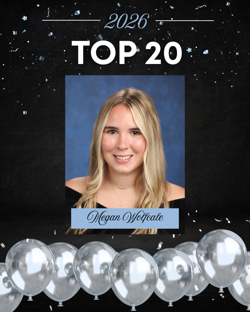 This image is a celebratory school graphic highlighting a student’s academic achievement.  At the top, against a dark, starry, confetti-filled background, the text reads “2026” and “TOP 20” in large, bold white letters. The design has a festive feel, with scattered confetti and a row of silver balloons lined along the bottom.  In the center is a formal senior portrait.  The background of the portrait is a soft, mottled blue, typical of school photos.   Overall, the image celebrates this student as one of the Top 20 students in the Class of 2026, using a polished and festive design.