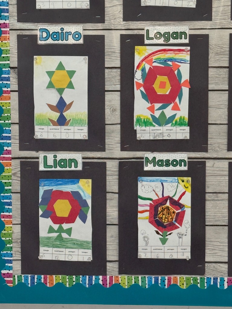 A display board shows student artwork labeled with names, featuring flowers made from geometric shapes. Each piece includes a chart counting different shapes used.