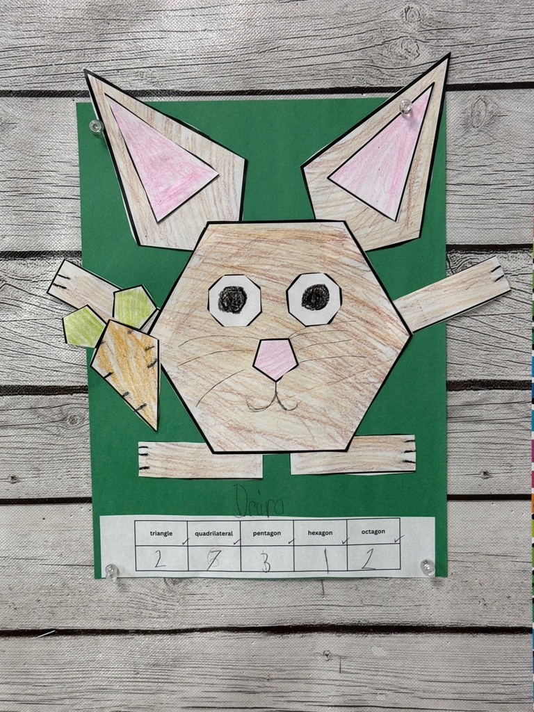 A close-up of a student artwork showing a bunny made from geometric shapes, colored with crayons and mounted on green paper, with a chart listing the number of each shape used.
