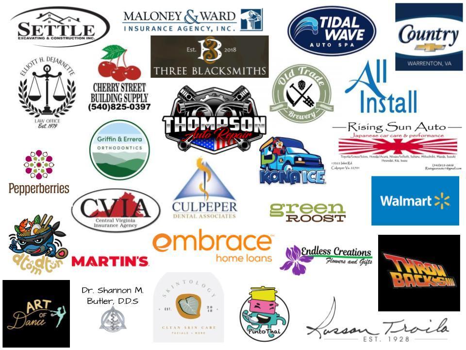 A collage of various business logos arranged in a grid-like layout. The logos represent a mix of local and national businesses, including construction companies, insurance agencies, auto repair shops, restaurants, dental and orthodontic offices, retail stores, and specialty shops. Each logo varies in color, style, and design. Some of the visible business names include Settle Excavating & Construction, Maloney & Ward Insurance, Tidal Wave Auto Spa, Country Chevrolet, Elliott H. DeJarnette Law Office, Cherry Street Building Supply, Three Blacksmiths, Thompson Auto Repair, Old Trade Brewery, Rising Sun Auto, Griffin & Errera Orthodontics, Pepperberries, CVIA, Culpeper Dental Associates, Green Roost, Walmart, Martin’s, Embrace Home Loans, Endless Creations Flowers and Gifts, Throw Backs, Art of Dance, Dr. Shannon M. Butler DDS, SkinTology, Pinto Thai, and Rosson Troilo.