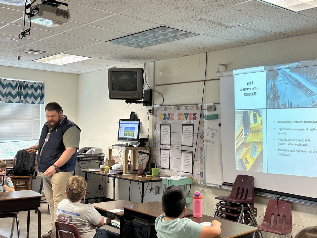 A classroom scene where a male teacher stands at the front holding papers while students sit at desks facing a projected slide about measurement. The room has a projector, whiteboard, and classroom posters.
