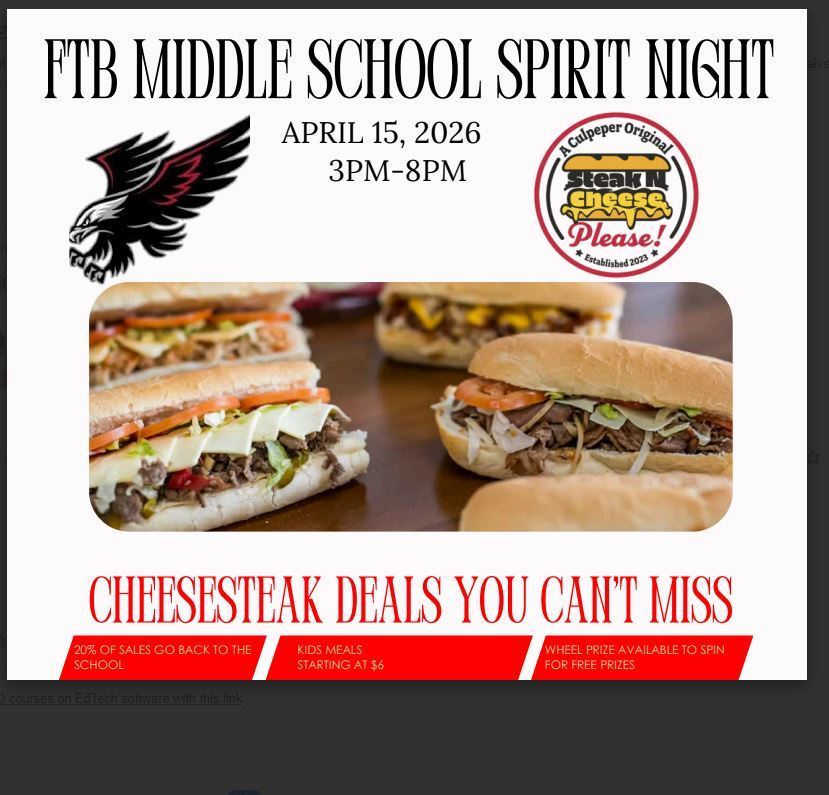Flyer for FTB Middle School Spirit Night on April 15, 2026, from 3 PM to 8 PM. The event features cheesesteak deals at Steak N Cheese Please, with images of cheesesteak sandwiches. The flyer notes that 20% of sales go back to the school, kids meals start at $6, and there will be a prize wheel for free prizes.
