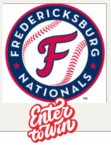 A circular Fredericksburg Nationals baseball logo featuring a red letter “F” on a white baseball with red stitching. The baseball is outlined by a blue ring with the words “FREDERICKSBURG NATIONALS” in white capital letters and two small white stars. Below the logo, red script text reads “Enter to Win.”