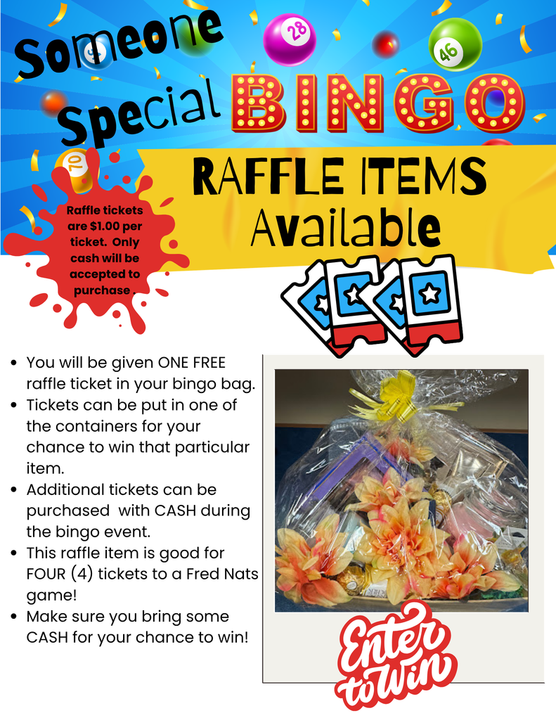 A bright blue “Someone Special Bingo” flyer decorated with confetti and two bingo balls labeled 28 and 46. The word “BINGO” appears in large red letters with yellow lights. A yellow banner reads “Raffle Items Available,” and a red burst graphic says raffle tickets cost $1 and must be purchased with cash. Below is a photo of a wrapped raffle basket decorated with orange flowers and a yellow bow, filled with various items. Text beside the photo explains that attendees receive one free raffle ticket, can place tickets in containers for specific prizes, may buy additional tickets with cash, and that this raffle item includes two Yankee candles, two Victoria’s Secret lotion/perfume sets, a hand towel, and chocolate. At the bottom, a red and white graphic reads “Enter to Win.”