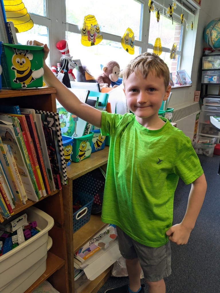 A student in a green shirt stands beside a classroom bookshelf, reaching for a bin of books.