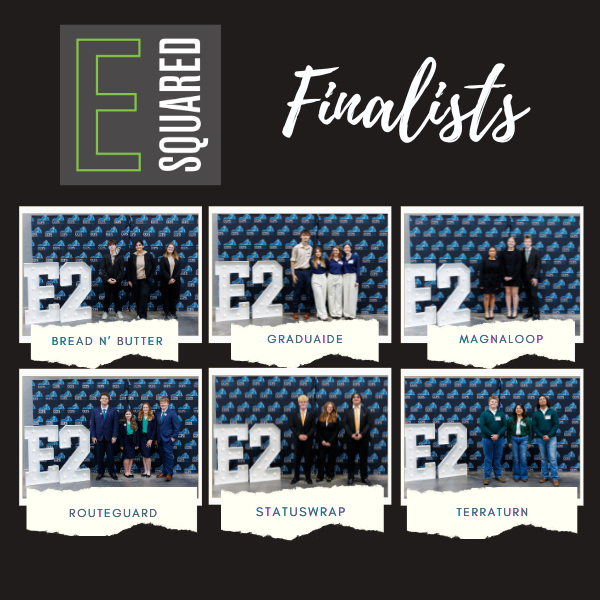Graphic titled “E Squared Finalists” featuring six student teams posing in front of a blue E²-branded backdrop. Each team is shown in a small group photo with their project names labeled beneath: Bread n’ Butter, Graduaide, Magnaloop, RouteGuard, StatusWrap, and TerraTurn. The layout is a 2x3 grid on a dark background with the E Squared logo in the top left.